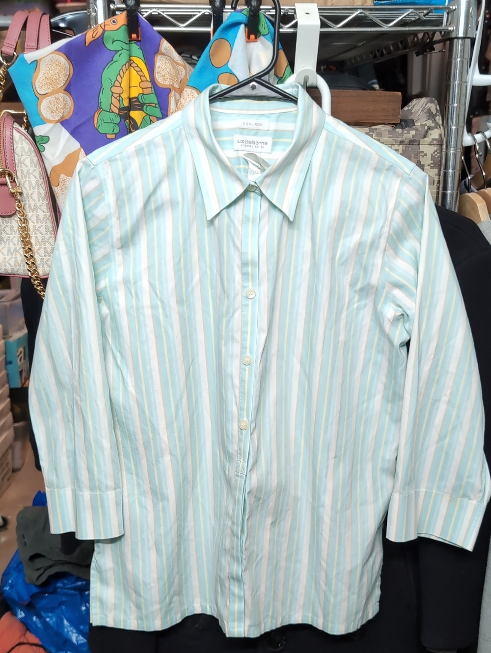 Liz Claiborne Pastel Stripe Button-Up Dress Shirt Sz S Non-iron 3/4 Sleeve
